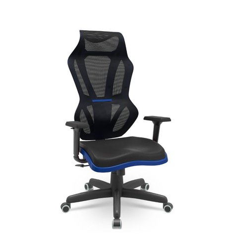 Cadeira Gamer Plaxmetal Vizon Dz Base Standard Relax System Tela Preta Detalhes Azul