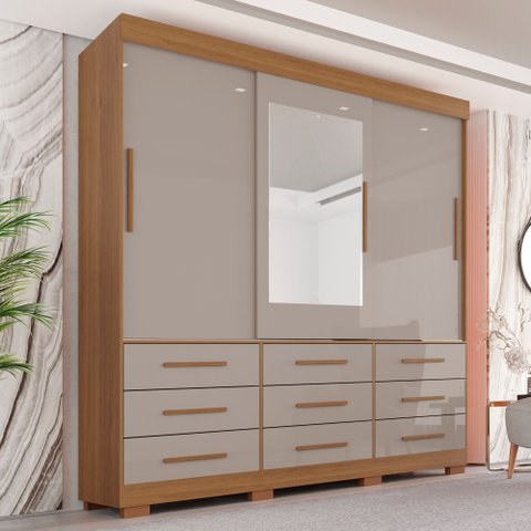 Guarda-roupa com Pés e Espelho Casal 3 Portas 9 Gavetas Luana