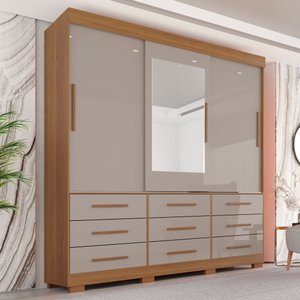 Guarda-roupa com Pés e Espelho Casal 3 Portas 9 Gavetas Luana