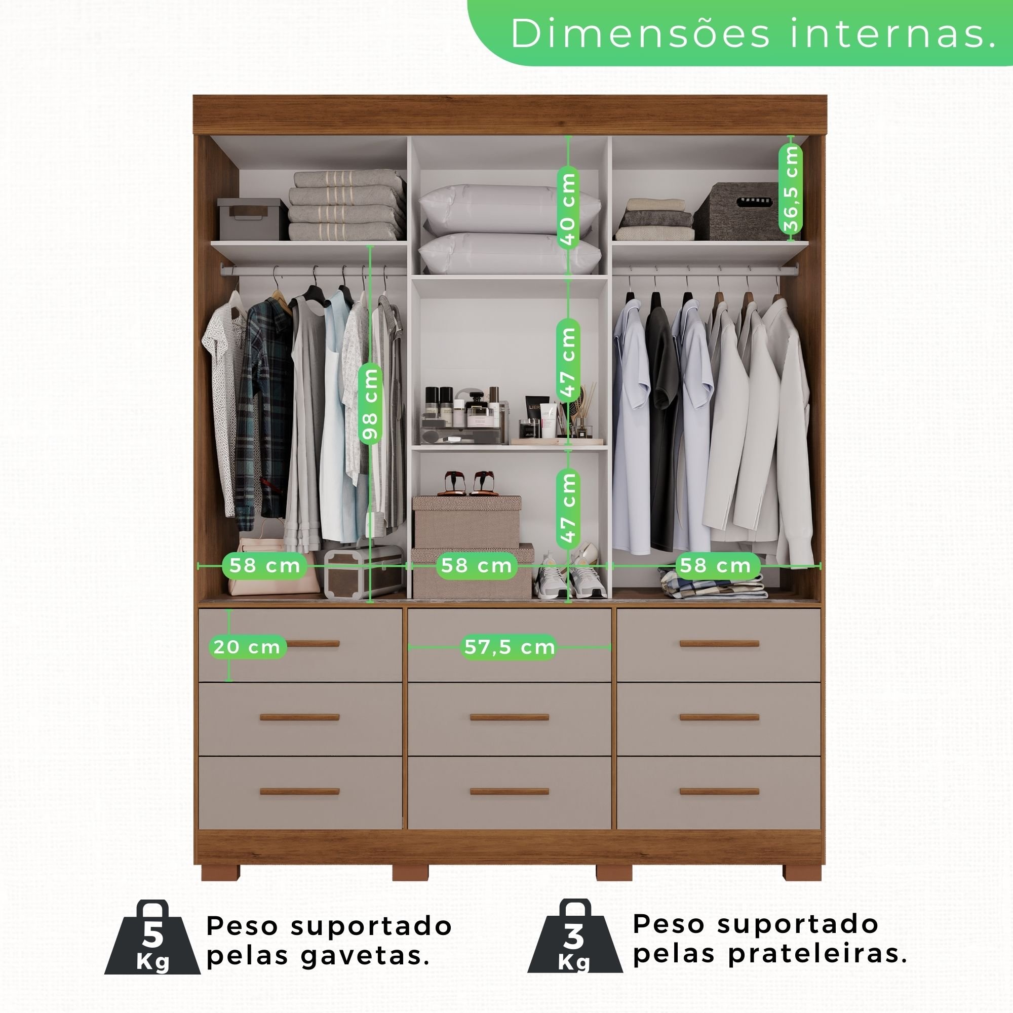 Guarda-roupa com Pés e Espelho Casal 3 Portas 9 Gavetas Luana - 4