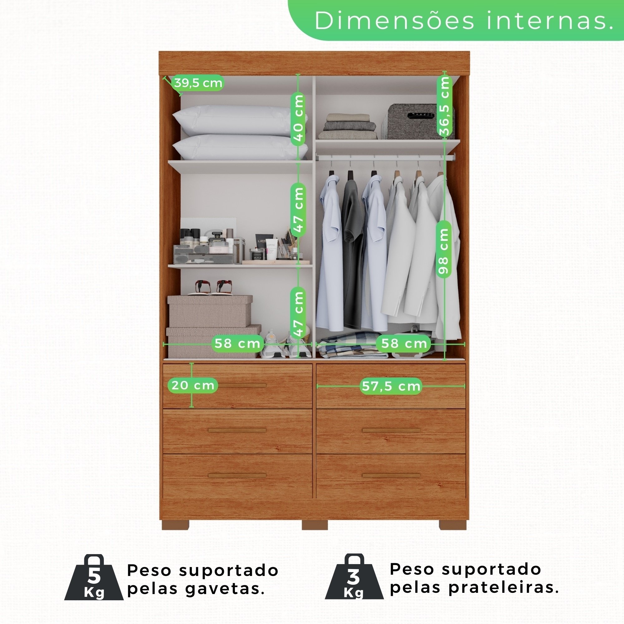 Guarda Roupa com Pés 2 Portas 6 Gavetas Luana - 13