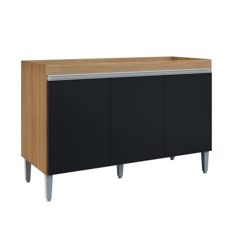 Balcão Gabinete Cozinha Manu 120cm 3 Portas sem Tampo Mdp Multiuso Amêndoa Preto - Desk Design