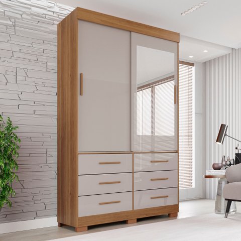 Guarda Roupa com Pés e Espelho 2 Portas 6 Gavetas Luana