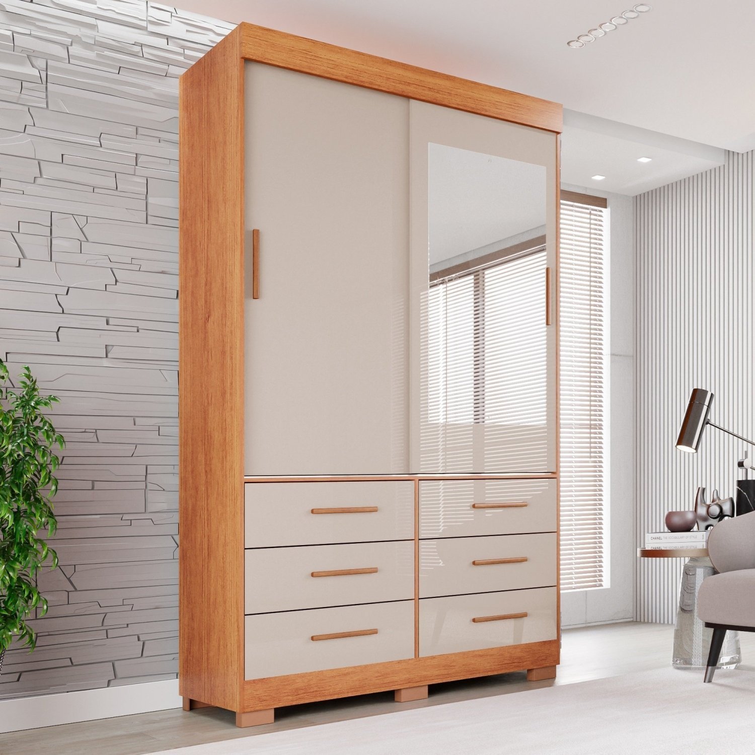 Guarda Roupa com Pés e Espelho 2 Portas 6 Gavetas Luana