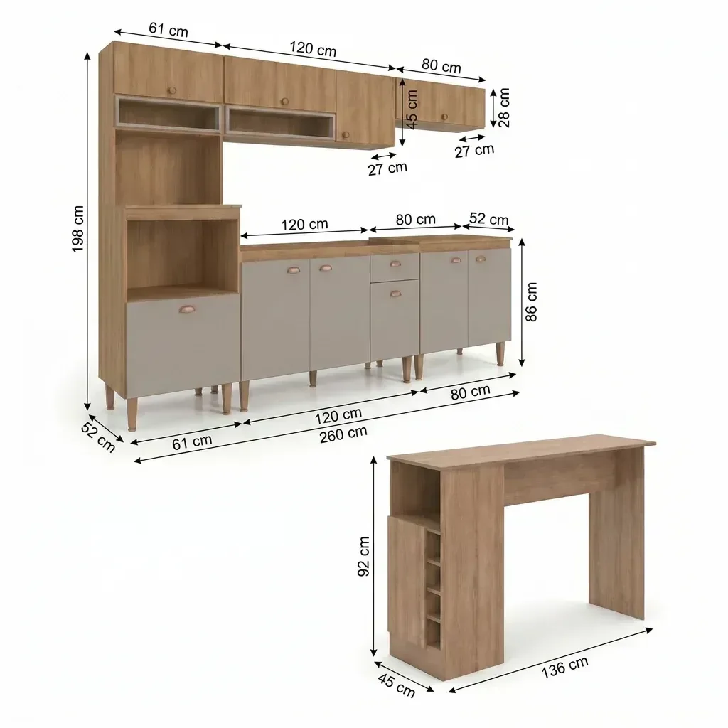 Ver imagem 4 de Cozinha Completa Modulada 6 Peças com Bancada, Torre Quente e Balcão para Pia sem Tampo Marti Yescasa Mel/Fendi Cinza