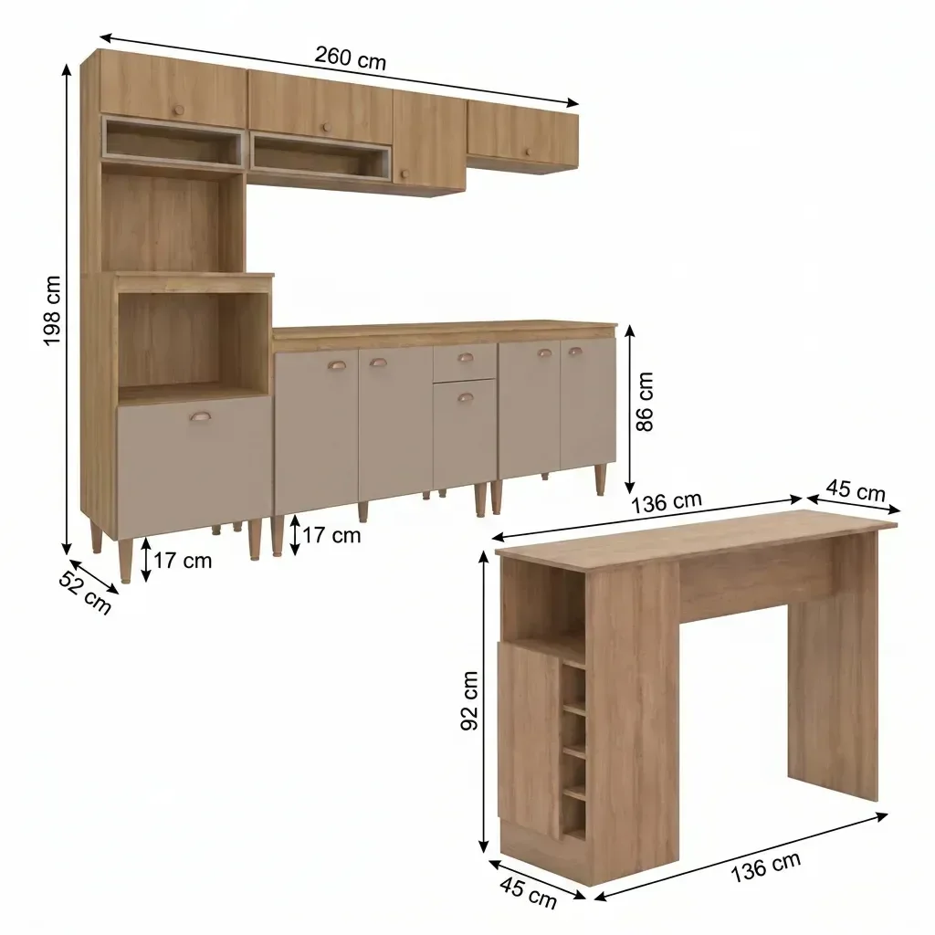 Ver imagem 3 de Cozinha Completa Modulada 7 Peças com Torre Quente e Balcão com Tampo Marti Yescasa Mel/Fendi Cinza