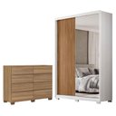 Ver imagem 1 de Guarda Roupa Casal Riva Branco Amêndola Touch Flex com Espelho e Pés e Cômoda 8 Gavetas Sintra Am