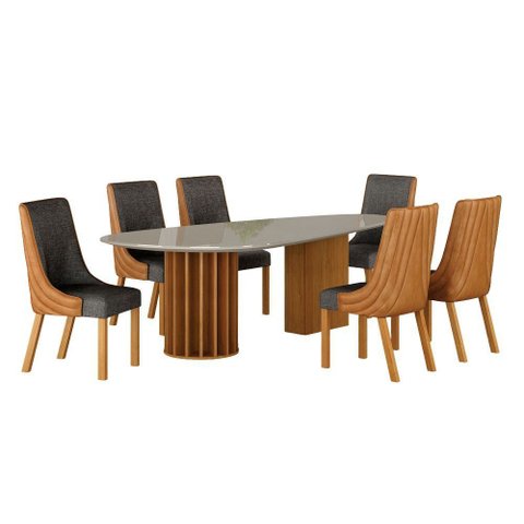 Conjunto Sala de Jantar Mesa Orgânica 200cm 6 Cadeiras Belle com Tampo Vidro Cinamomo/Sintético Terr