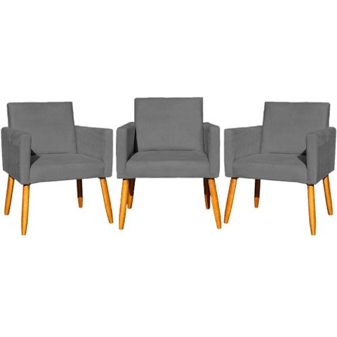 Kit 3 Poltronas para Recepção Nina Suede Cores Pé Palito 30cm Castanho - Suede