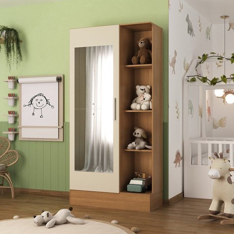 Guarda Roupa Infantil 1 Porta com Espelho Sara Bege/Cinamomo/Off White