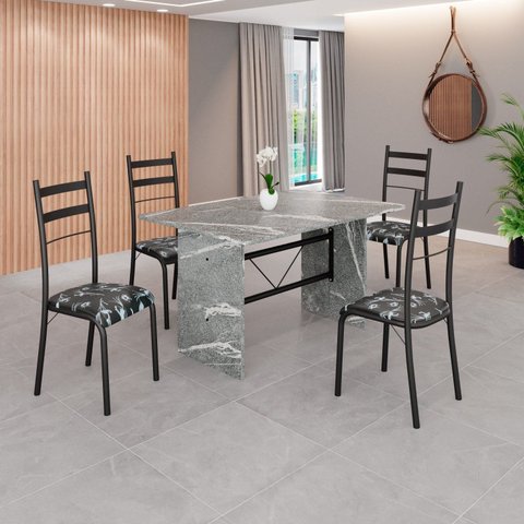 Conjunto Sala de Jantar Mesa Retangular 120x75cm Tampo Granito Topázio 4 Cadeiras Marselha Preto/Floral/Fosco