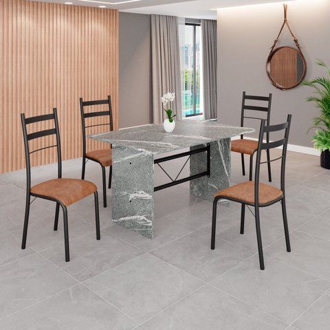 Conjunto Sala de Jantar Mesa Retangular 120x75cm Tampo Granito Topázio 4 Cadeiras Marselha Preto/C. Marrom/Fosco