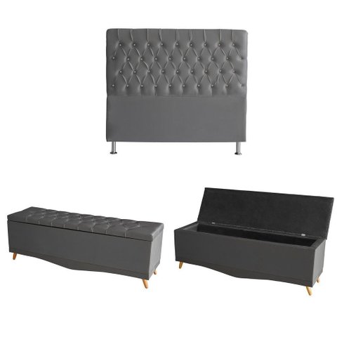 Kit Estrela Cabeceira de Cama Box e Calçadeira Baú Pés Palito Botão Cristal Casal 140 Cm Suede Grafi