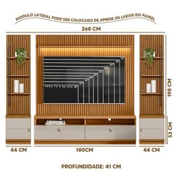 Rack com Painel Ripado 2 Modulo Lateral Ouro Preto Nature Off White Linea - 4
