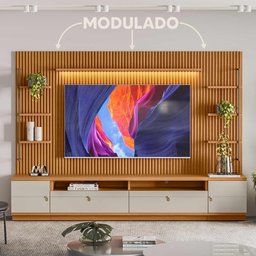 Rack com Painel Ripado 2 Modulo Lateral Ouro Preto Nature Off White Linea - 1