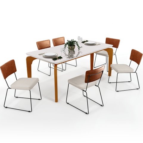 Mesa De Jantar Capri 160 Off White Com 6 Cadeiras Allana B05 Couríssimo Camel Linho Cru - Lyam