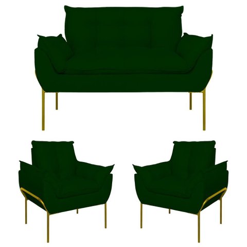 Kit 2 Poltronas + Namoradeira Pé Metal Dourado Recepção Sala Cor:verde