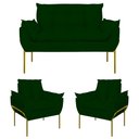 Ver imagem 1 de Kit 2 Poltronas + Namoradeira Pé Metal Dourado Recepção Sala Cor:verde