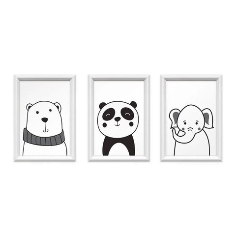Kit 3 Quadros Decorativos Animais Preto e Branco 24x34cm MDF