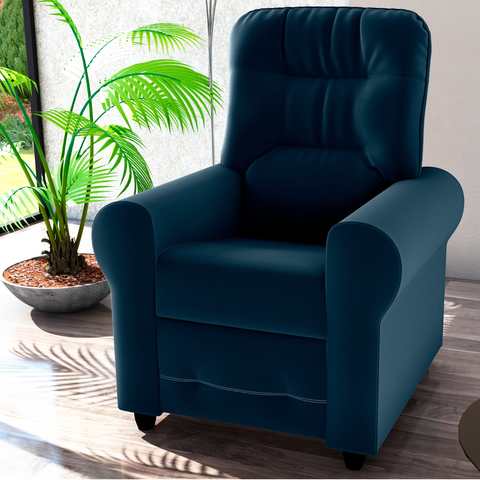 Poltrona Reclinável Lyon Veludo Azul 83cm com Reclinação Manual para Sala e Descanso