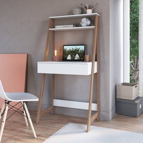 Escrivaninha Mesa Escritório com Estante 1 Gaveta 73cm Branco e Mel