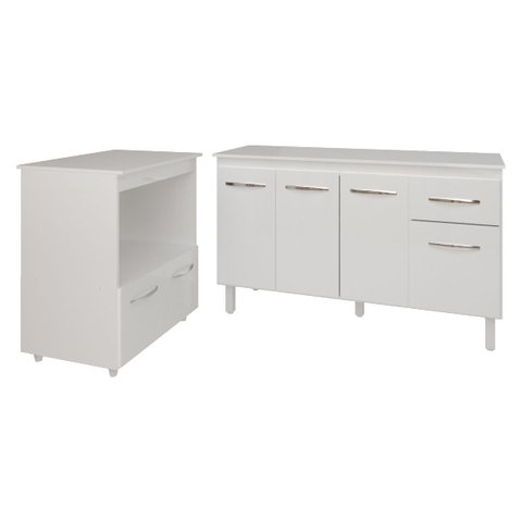 Armário Gabinete Camila 138 Cm com Tampo Tampão e Balcão Amanda para Forno e Microondas Branco