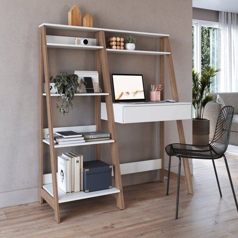 Conjunto Escritório Escrivaninha e Estante Multiuso 1 Gaveta 126cm Branco e Mel