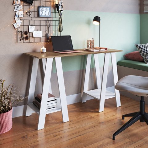 Mesa Escrivaninha Cavalete para Escritório 120cm Mel e Branco