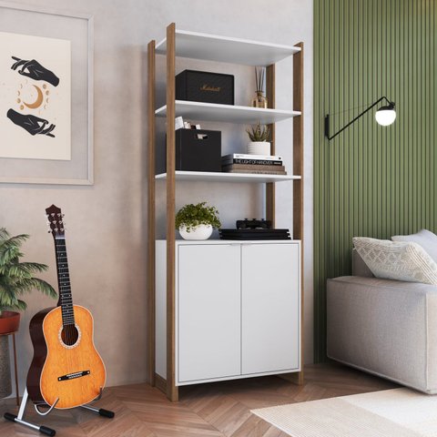 Estante Armário Multiuso 2 Portas e 4 Prateleiras Branco/Mel