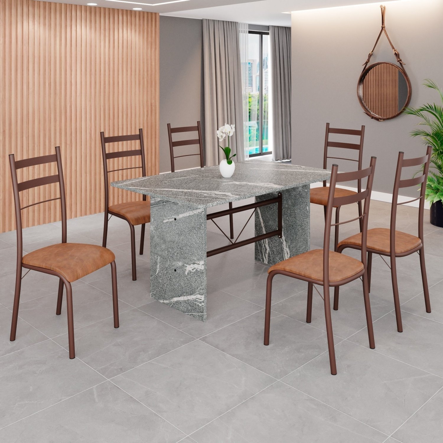 Conjunto Sala de Jantar Mesa Retangular 140x75cm Tampo Granito Topázio 6 Cadeiras Marselha - 1