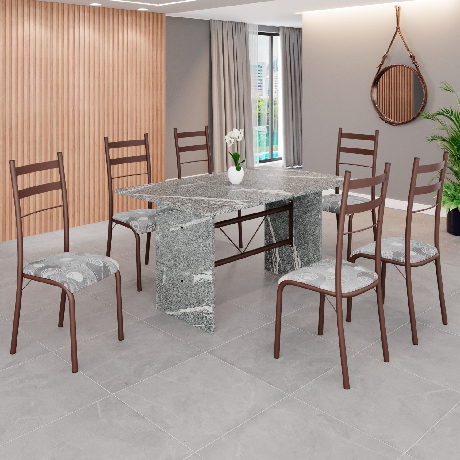 Conjunto Sala de Jantar Mesa Retangular 140x75cm Tampo Granito Topázio 6 Cadeiras Marselha - 1