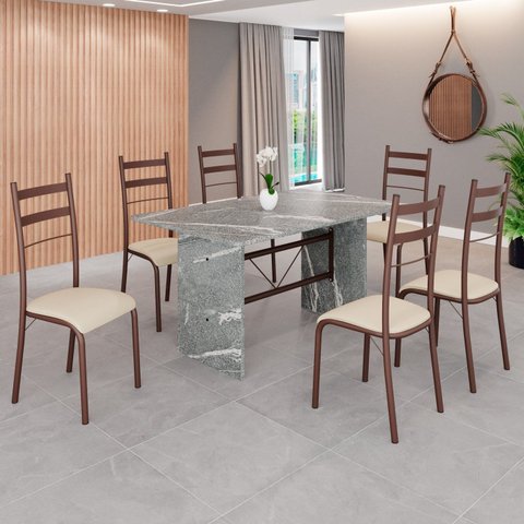 Conjunto Sala de Jantar Mesa Retangular 140x75cm Tampo Granito Topázio 6 Cadeiras Marselha Marrom/Creme