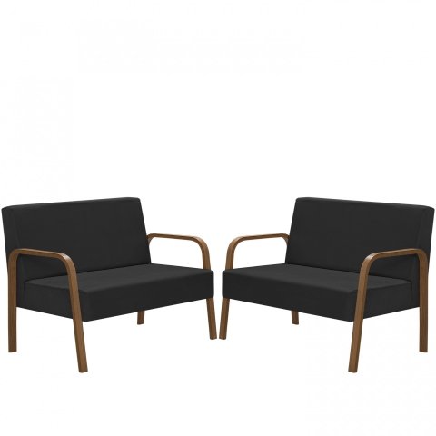 Kit Poltrona Decorativa 2 Namoradeiras Jade Braço Madeira D Salla Suede Preto