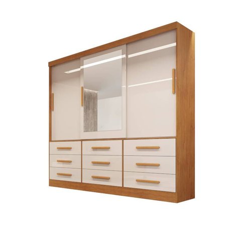Guarda-roupa Casal 3 Portas Espelho 9 Gavetas 2,11m - Turim-nature/off - Bianchi Móveis