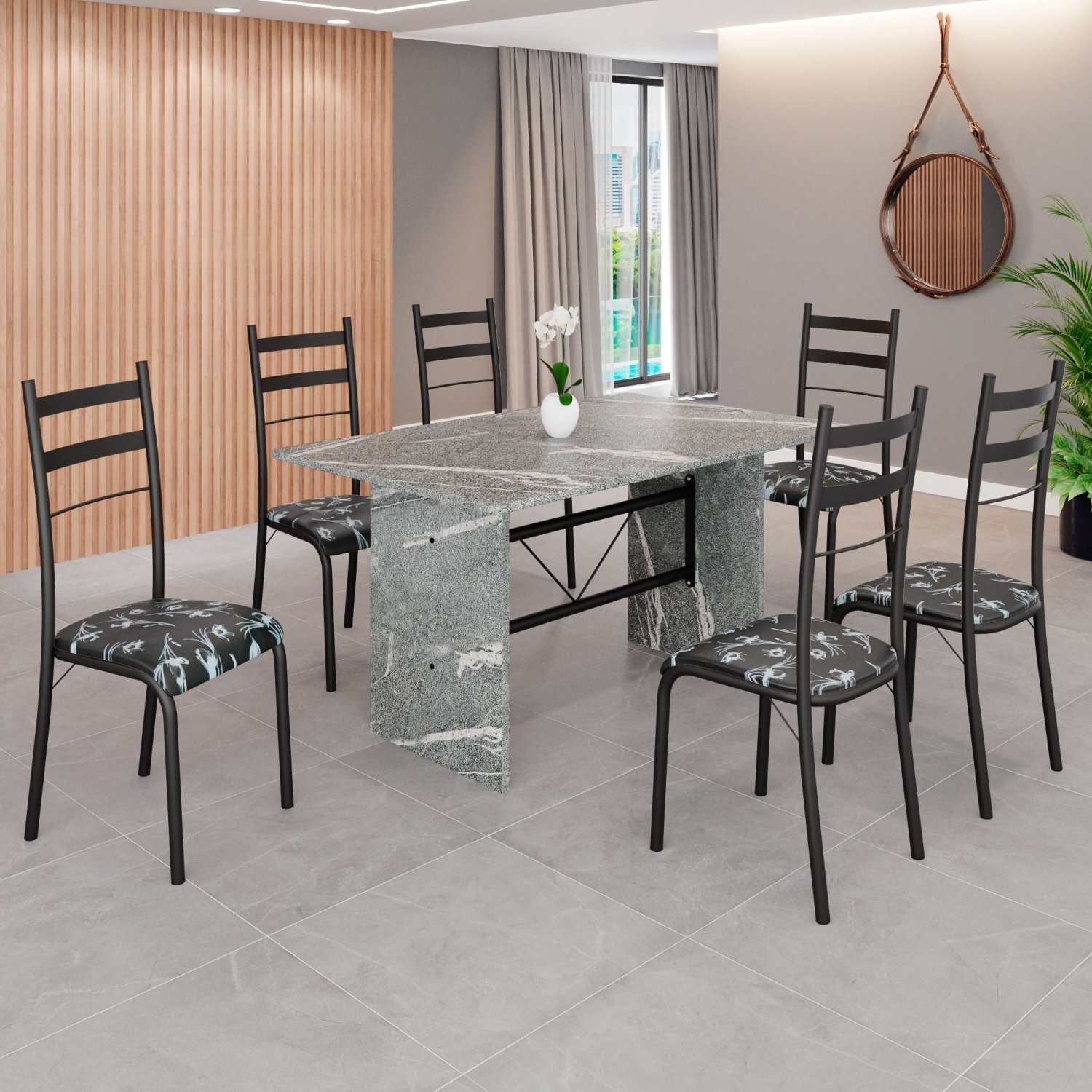 Conjunto Sala de Jantar Mesa Retangular 140x75cm Tampo Granito Topázio 6 Cadeiras Marselha - 1