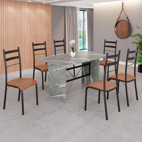 Conjunto Sala de Jantar Mesa Retangular 140x75cm Tampo Granito Topázio 6 Cadeiras Marselha Preto/C. Marrom/Fosco