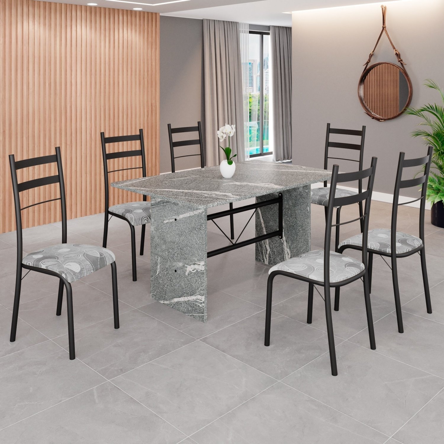 Conjunto Sala de Jantar Mesa Retangular 140x75cm Tampo Granito Topázio 6 Cadeiras Marselha - 1