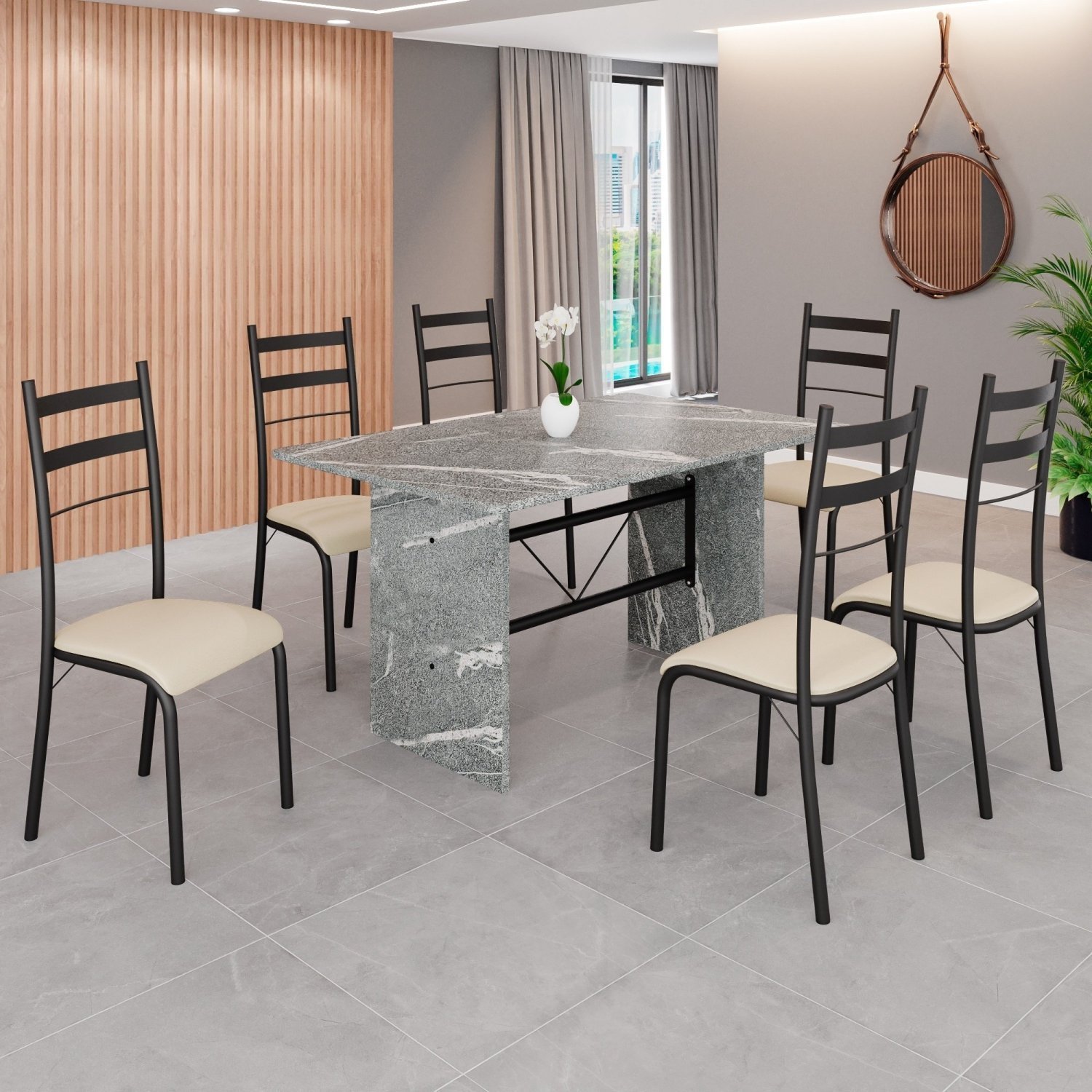 Conjunto Sala de Jantar Mesa Retangular 140x75cm Tampo Granito Topázio 6 Cadeiras Marselha - 1