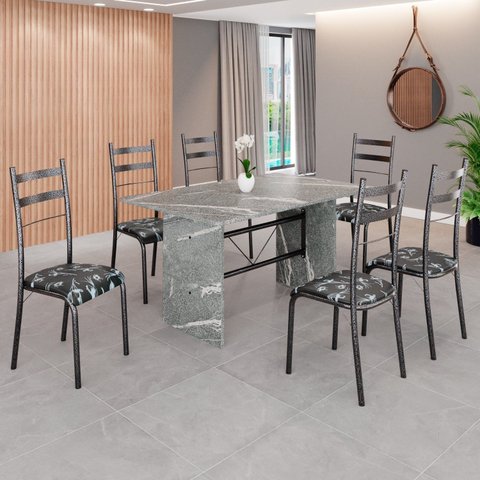 Conjunto Sala de Jantar Mesa Retangular 140x75cm Tampo Granito Topázio 6 Cadeiras Marselha Prata/Preto Floral/Mart