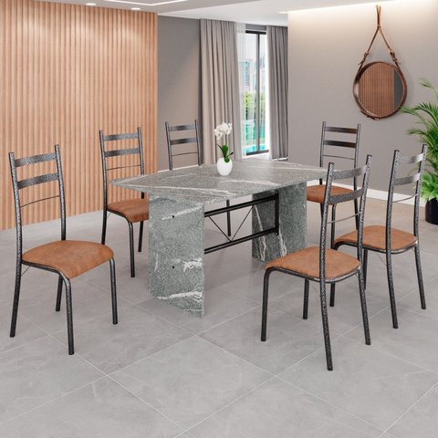 Conjunto Sala de Jantar Mesa Retangular 140x75cm Tampo Granito Topázio 6 Cadeiras Marselha Prata/C. Marrom/Mart