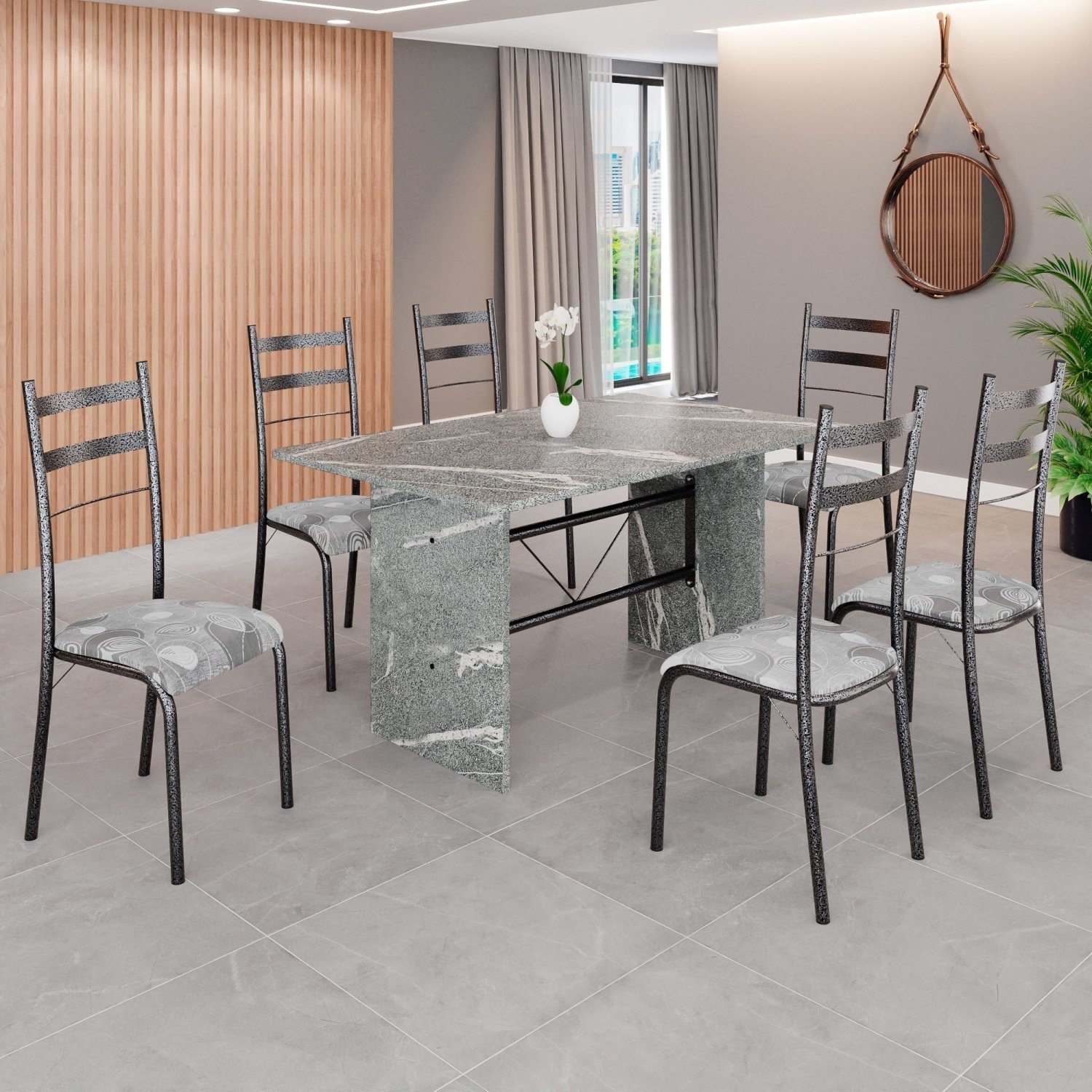 Conjunto Sala de Jantar Mesa Retangular 140x75cm Tampo Granito Topázio 6 Cadeiras Marselha - 1