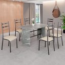 Ver imagem 1 de Conjunto Sala de Jantar Mesa Retangular 140x75cm Tampo Granito Topázio 6 Cadeiras Marselha Prata/Creme/Mart