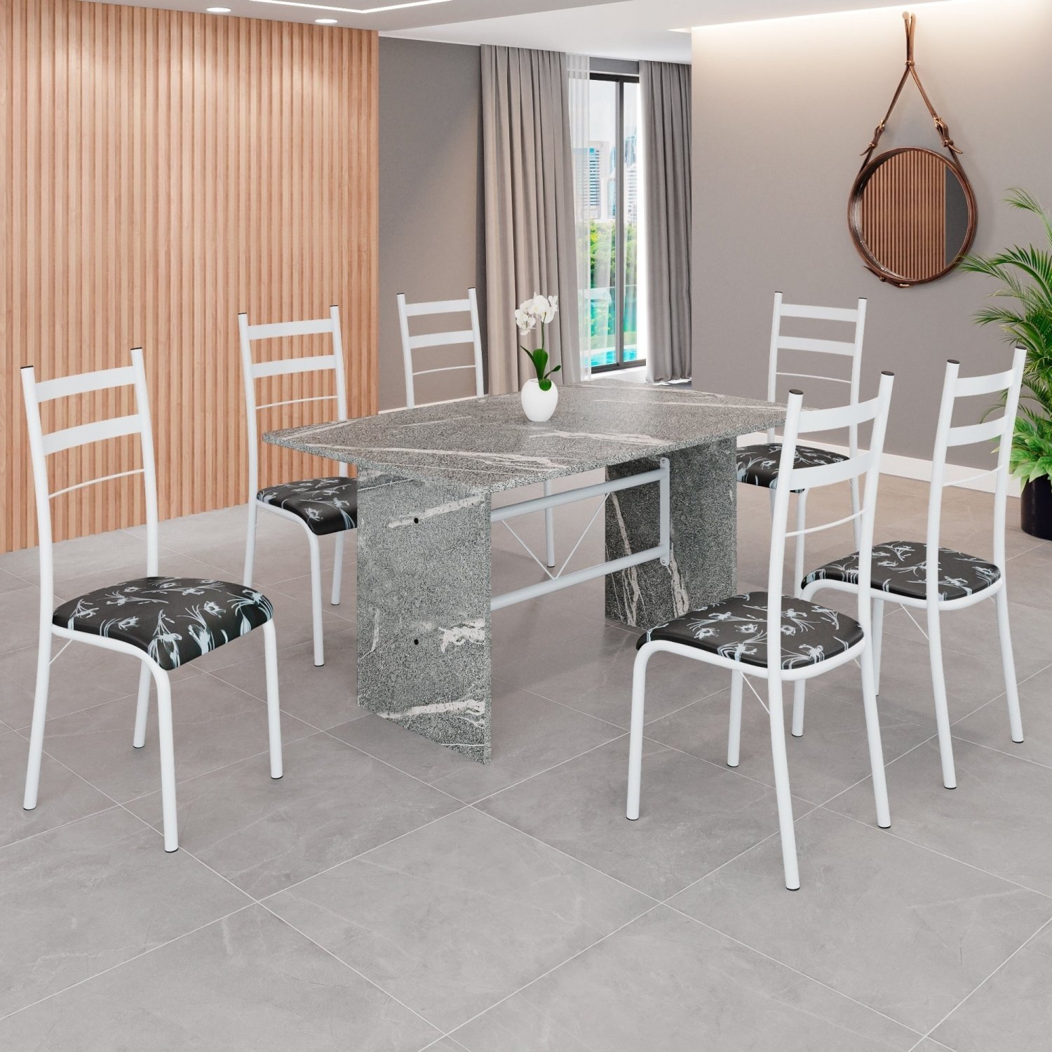 Conjunto Sala de Jantar Mesa Retangular 140x75cm Tampo Granito Topázio 6 Cadeiras Marselha - 1