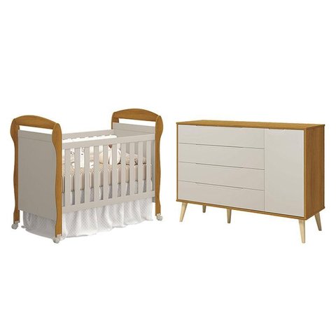 Berço Americano Danny e Cômoda com Porta Elfe Retrô Areia Savana Acetinado Natural - Reller