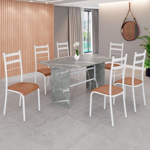 Conjunto Sala de Jantar Mesa Retangular 140x75cm Tampo Granito Topázio 6 Cadeiras Marselha Branco/C. Marrom