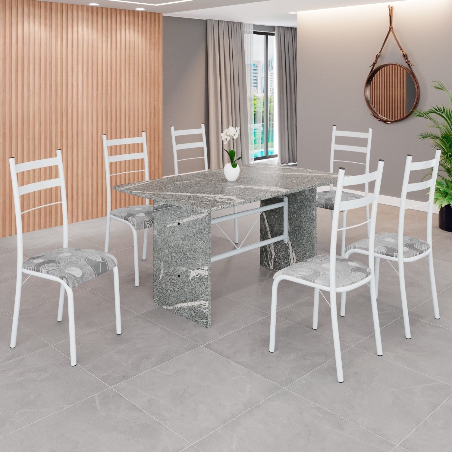 Conjunto Sala de Jantar Mesa Retangular 140x75cm Tampo Granito Topázio 6 Cadeiras Marselha - 1