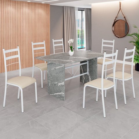 Conjunto Sala de Jantar Mesa Retangular 140x75cm Tampo Granito Topázio 6 Cadeiras Marselha Branco/Creme