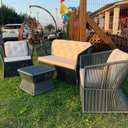 Ver imagem 1 de Conjunto de Sofá em Corda Náutica Bambu - 1 Sofá 2l + 2 Poltronas + 1 Mesa Centro - Tecido Duna Cru