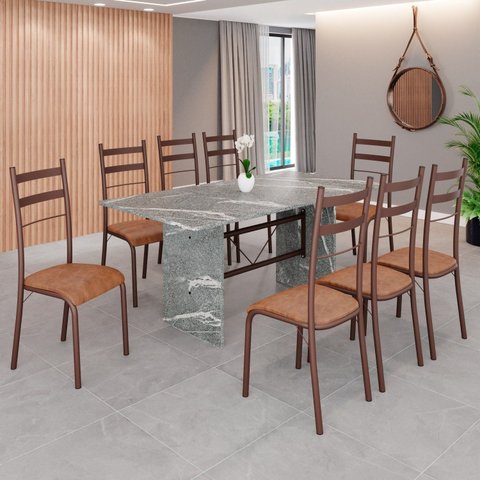 Conjunto Sala de Jantar Mesa Retangular 180x75cm Tampo Granito Topázio 8 Cadeiras Marselha Marrom/C.