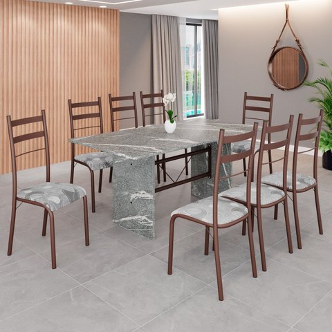 Conjunto Sala de Jantar Mesa Retangular 180x75cm Tampo Granito Topázio 8 Cadeiras Marselha